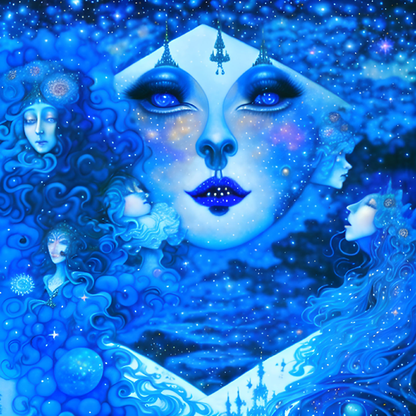 Blue-Toned Female Face Illustration with Ethereal Figures