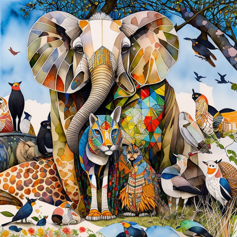 Colorful Elephant, Cat, Birds, and Butterflies in Vibrant Illustration