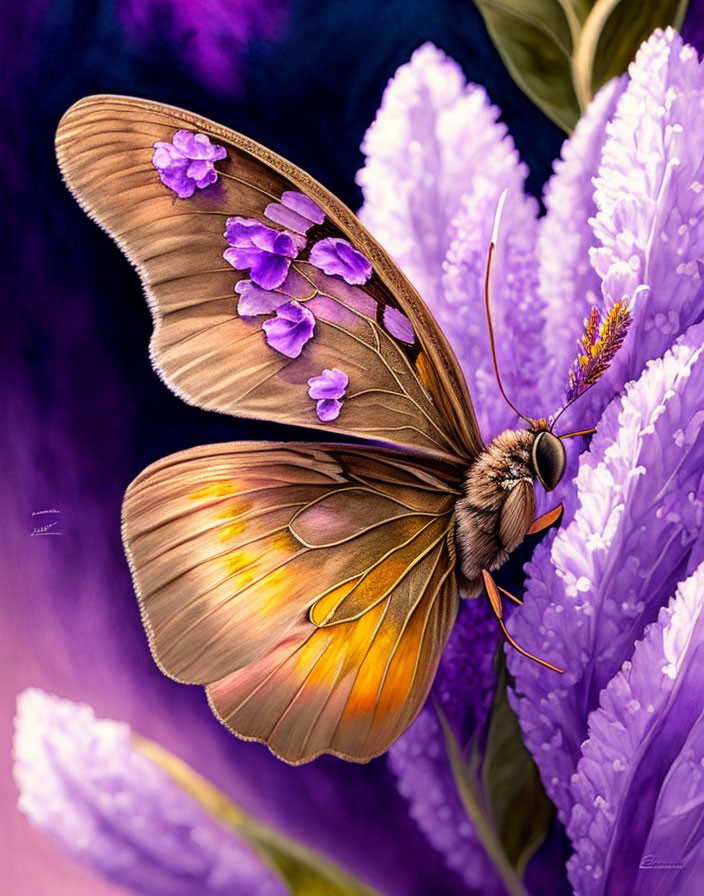 Butterfly with Bee Attributes on Purple Flowers: Detailed Digital Artwork