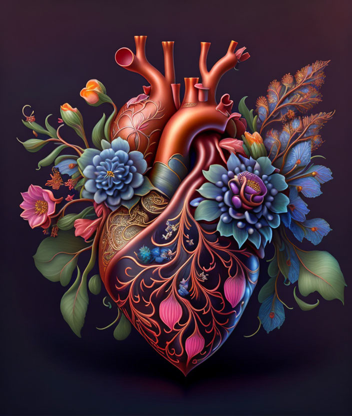 Vibrant human heart surrounded by stylized flowers on dark background