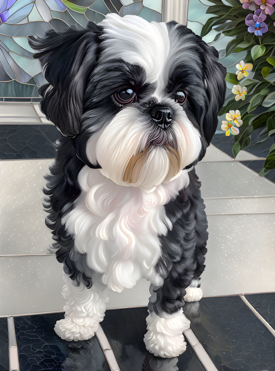 Fluffy black and white Shih Tzu on tiled floor with colorful flowers