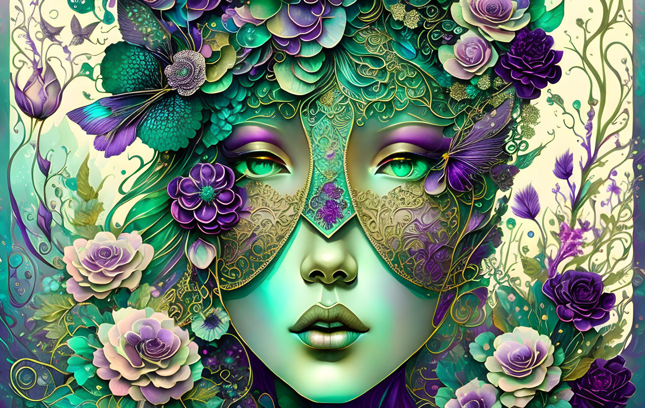 Colorful digital artwork: Woman's face with decorative mask and floral designs