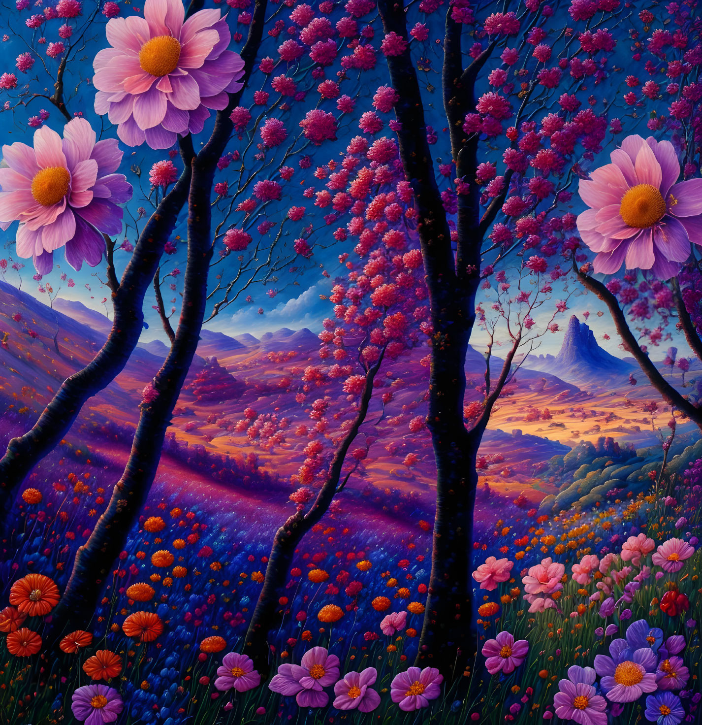 Colorful Landscape Painting with Blooming Trees and Purple Hills