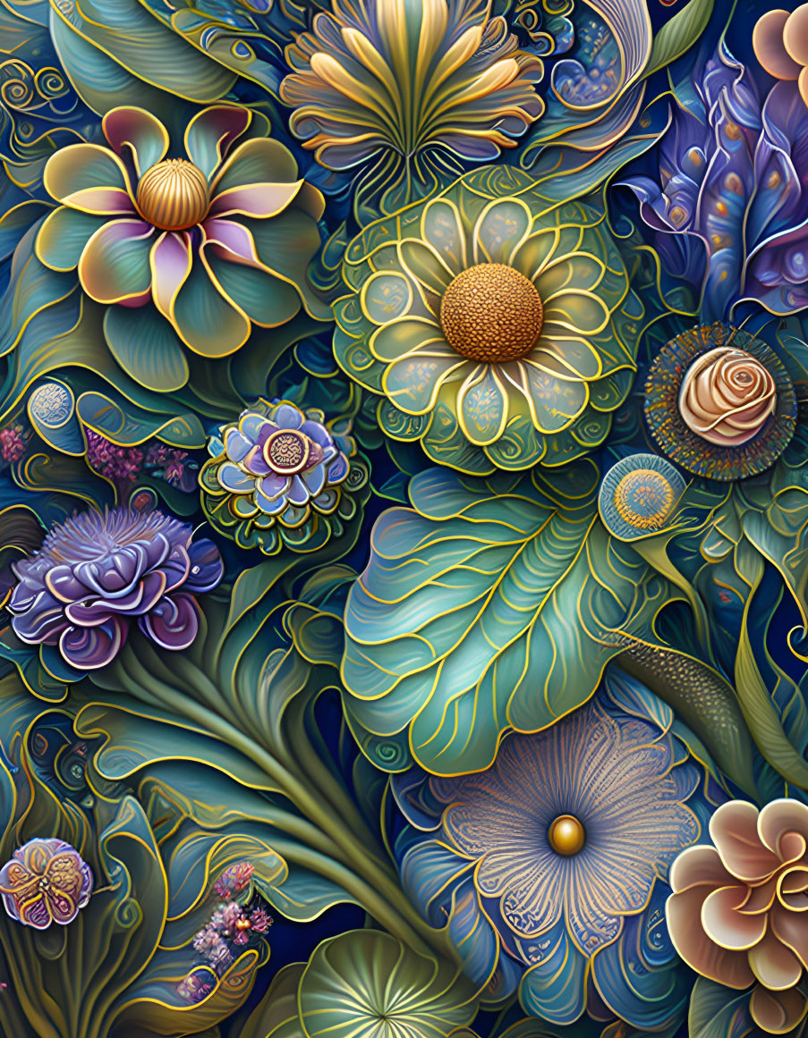 Colorful 3D digital art featuring stylized flowers in blue, green, and yellow