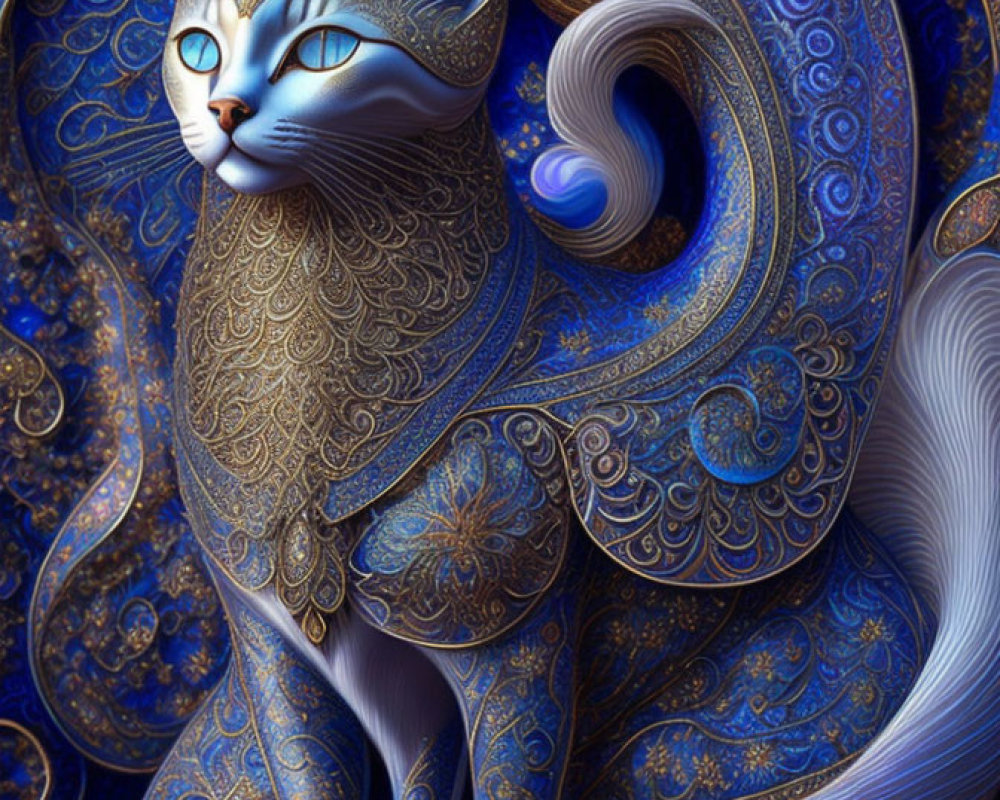 Stylized cat with blue and gold fur on decorative background