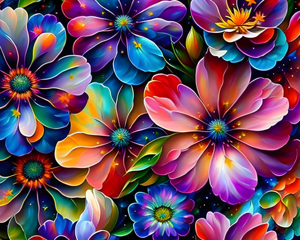 Colorful Flowers in Cosmic Starry Background Artwork