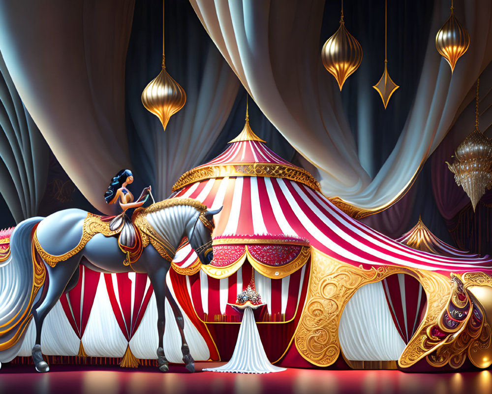 Vibrant circus interior with elephant and performer