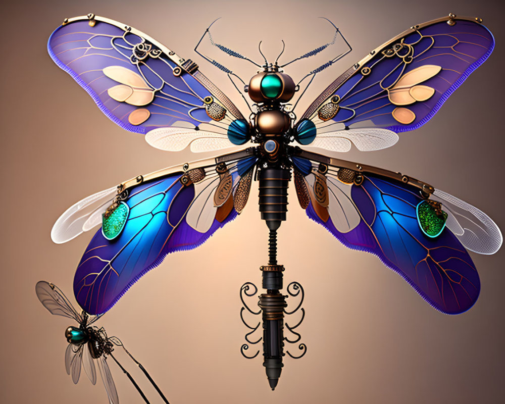 Steampunk-style mechanical dragonfly with vibrant wings on warm background