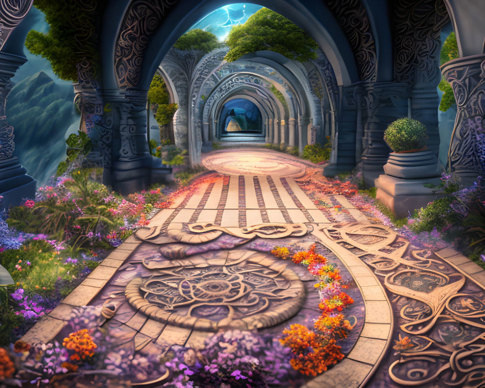 Fantastical pathway with intricate designs and flowering plants under twilight sky