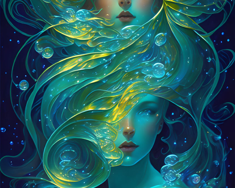 Ethereal women with celestial and aquatic motifs on dark background