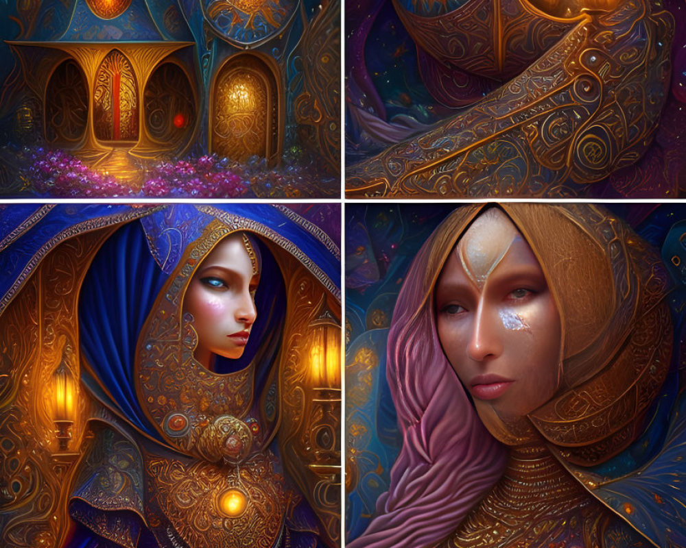 Colorful four-panel fantasy artwork of ornate palace and elegant women at night