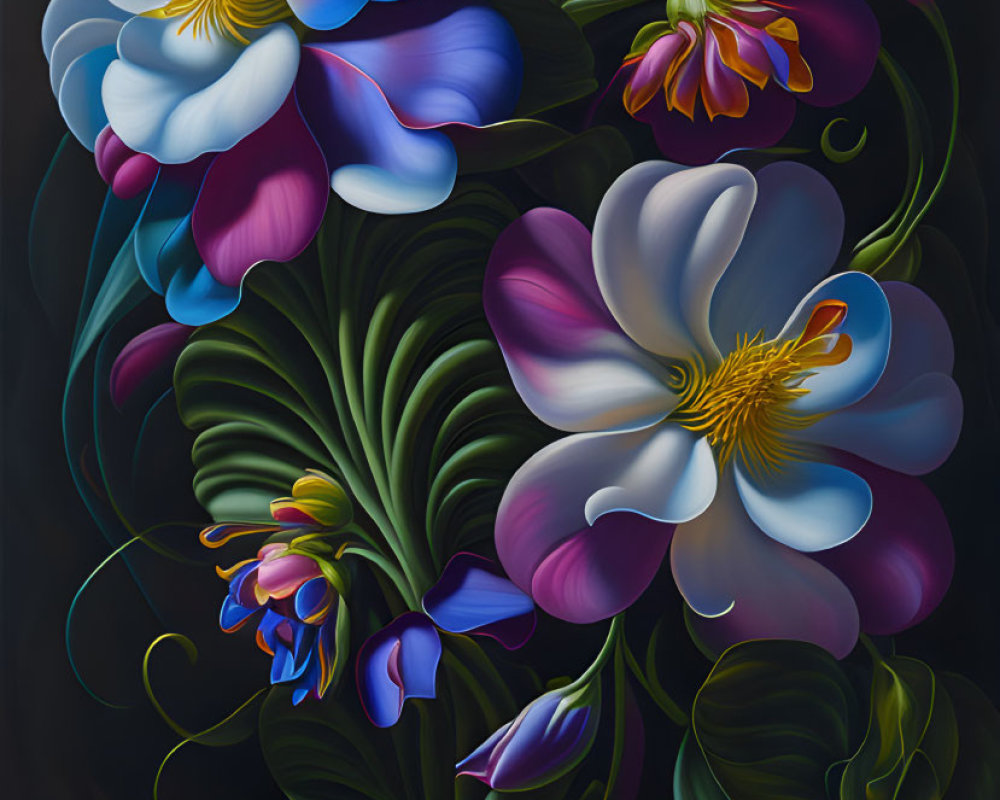 Stylized digital painting of vibrant blue and white flowers on dark background