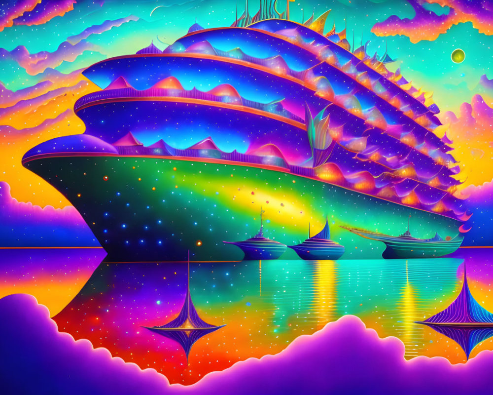 Colorful Psychedelic Illustration of Fantastical Cruise Ship at Sea