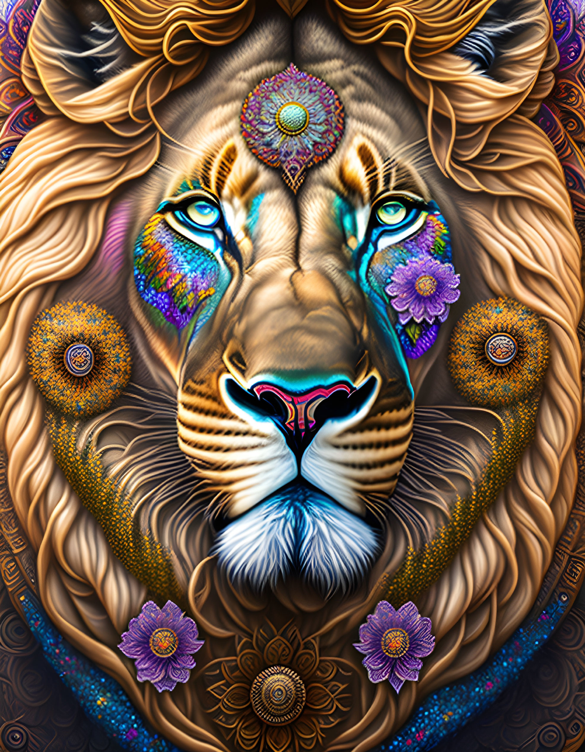 Colorful lion with blue eyes and floral patterns on ornate background