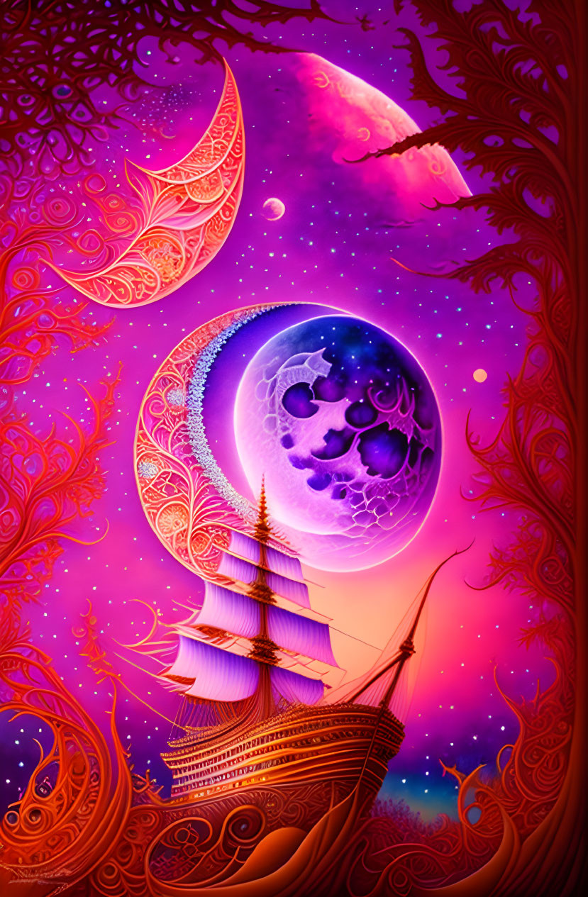 Colorful fantasy sailboat under ornate moon in crimson sky