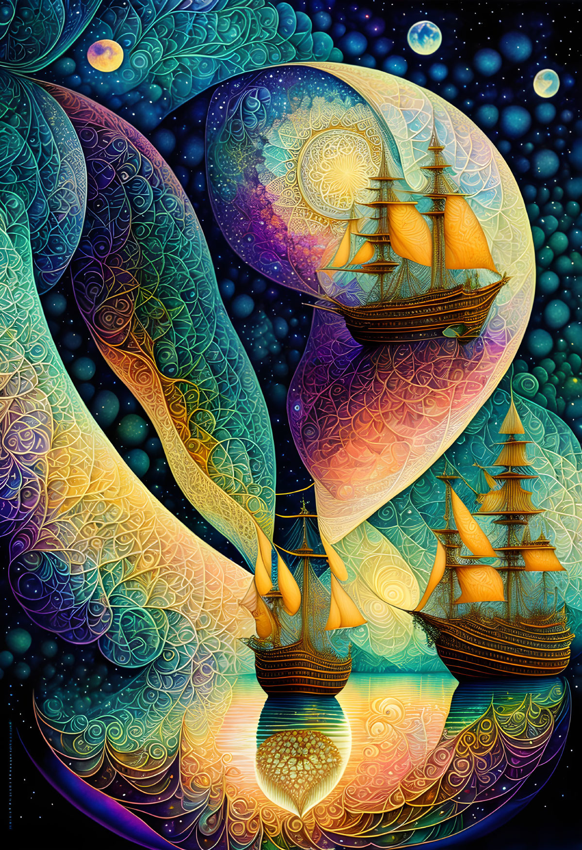 Colorful surreal artwork: ships on merging waves and sky, intricate patterns, celestial bodies