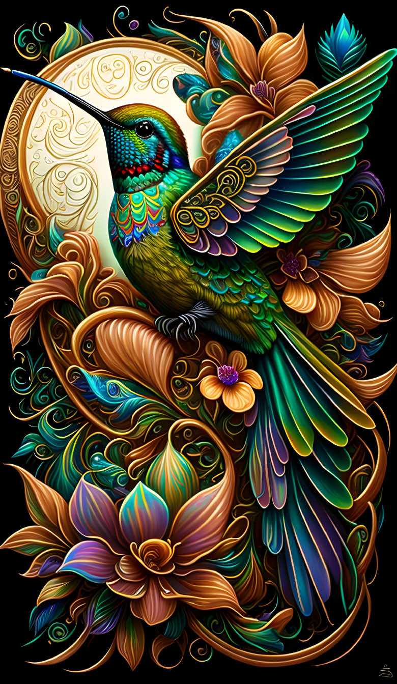 Colorful Hummingbird Artwork with Floral and Golden Designs on Dark Background