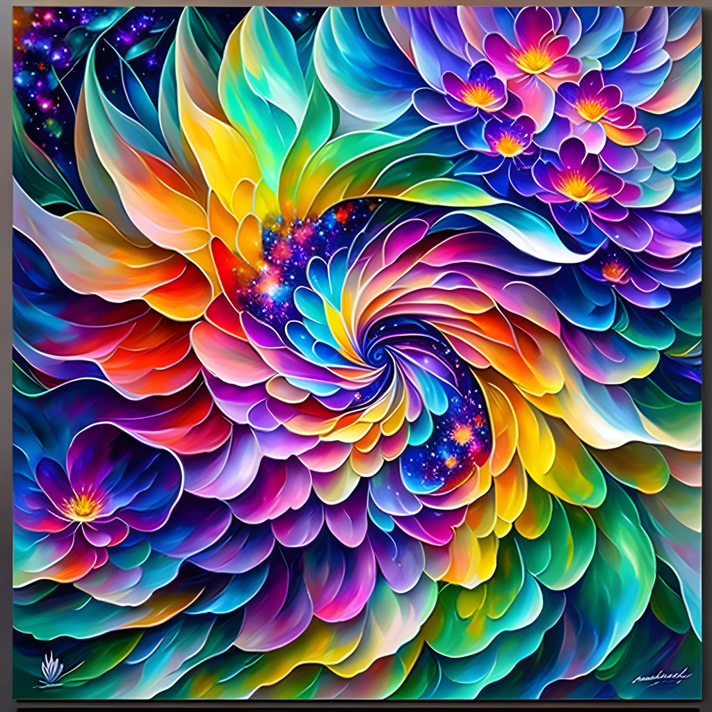 Colorful digital artwork: Spiraling floral pattern with rainbow colors and cosmic star elements.