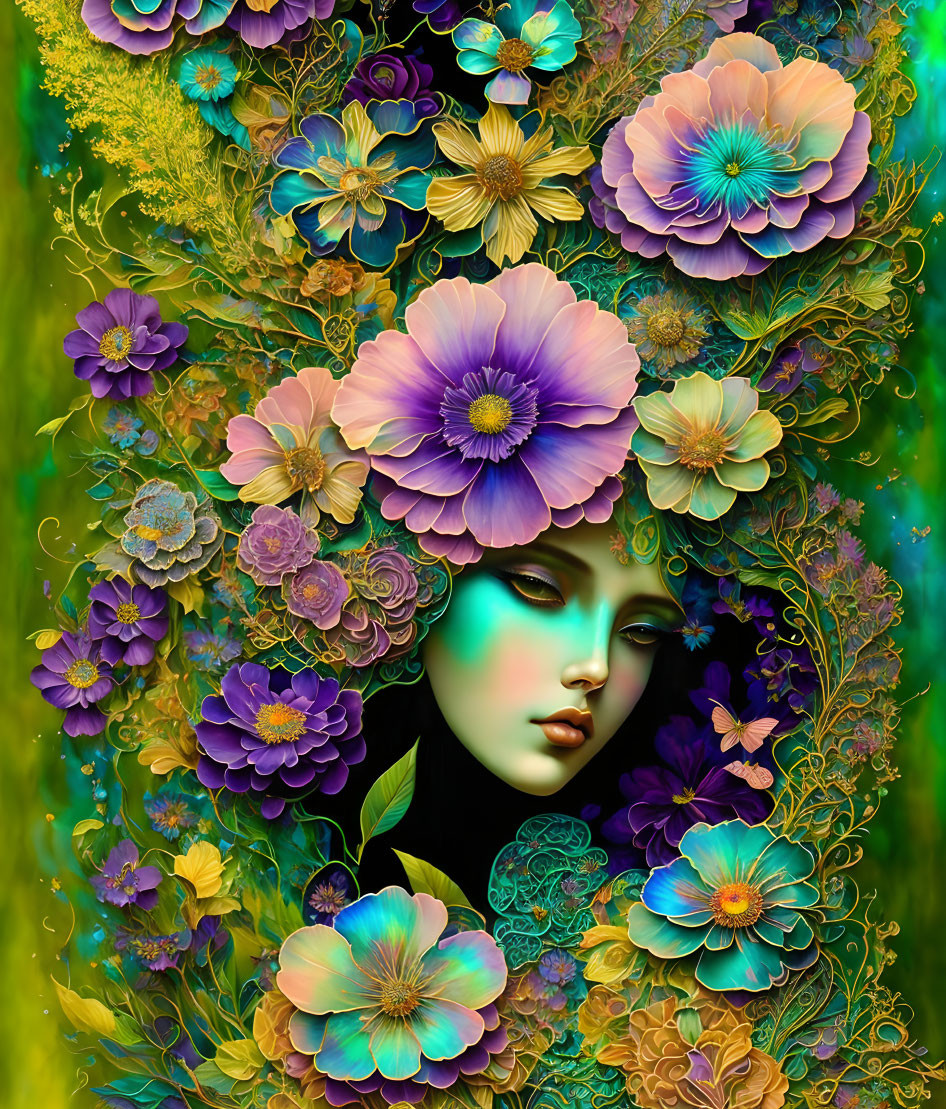 Colorful floral portrait of a woman on green background