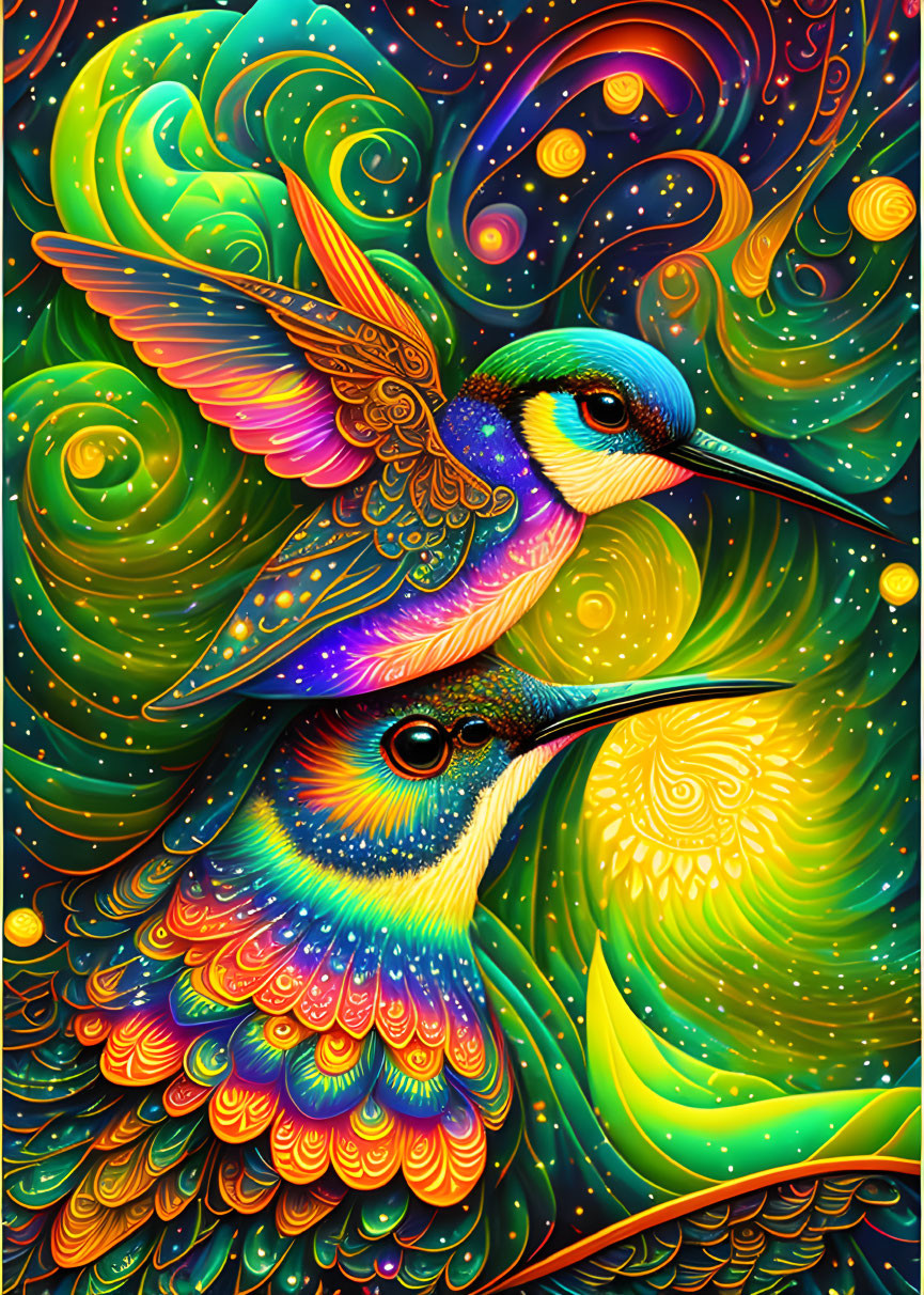 Colorful illustration: Two hummingbirds in flight with intricate patterns