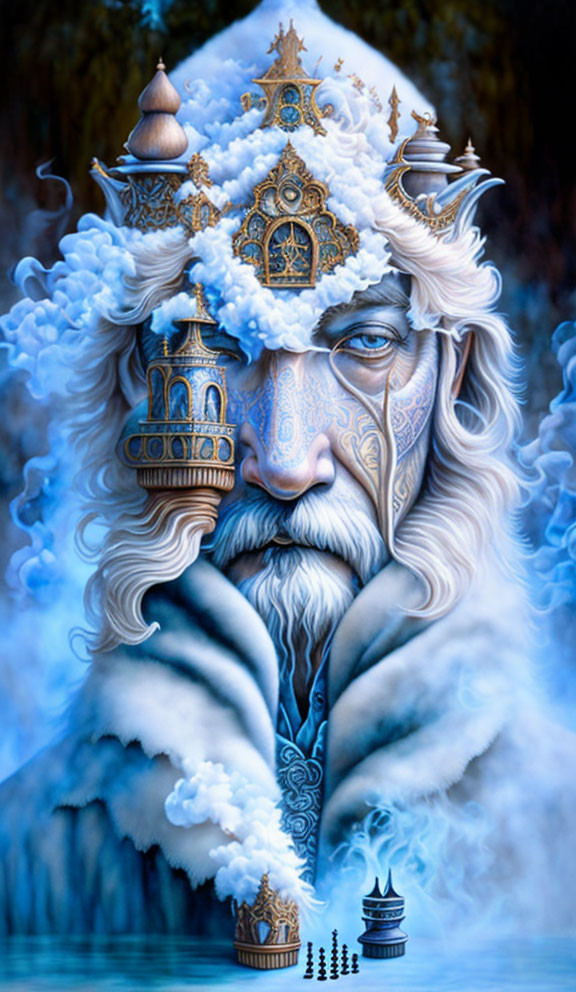 Illustrated wintery figure with man, beard, castle-like attire in icy setting