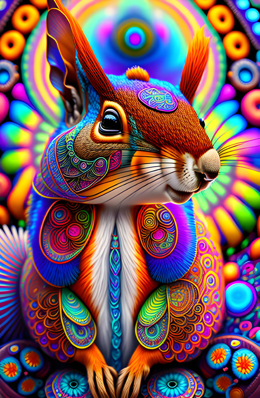 Colorful digital artwork: Psychedelic squirrel with intricate patterns