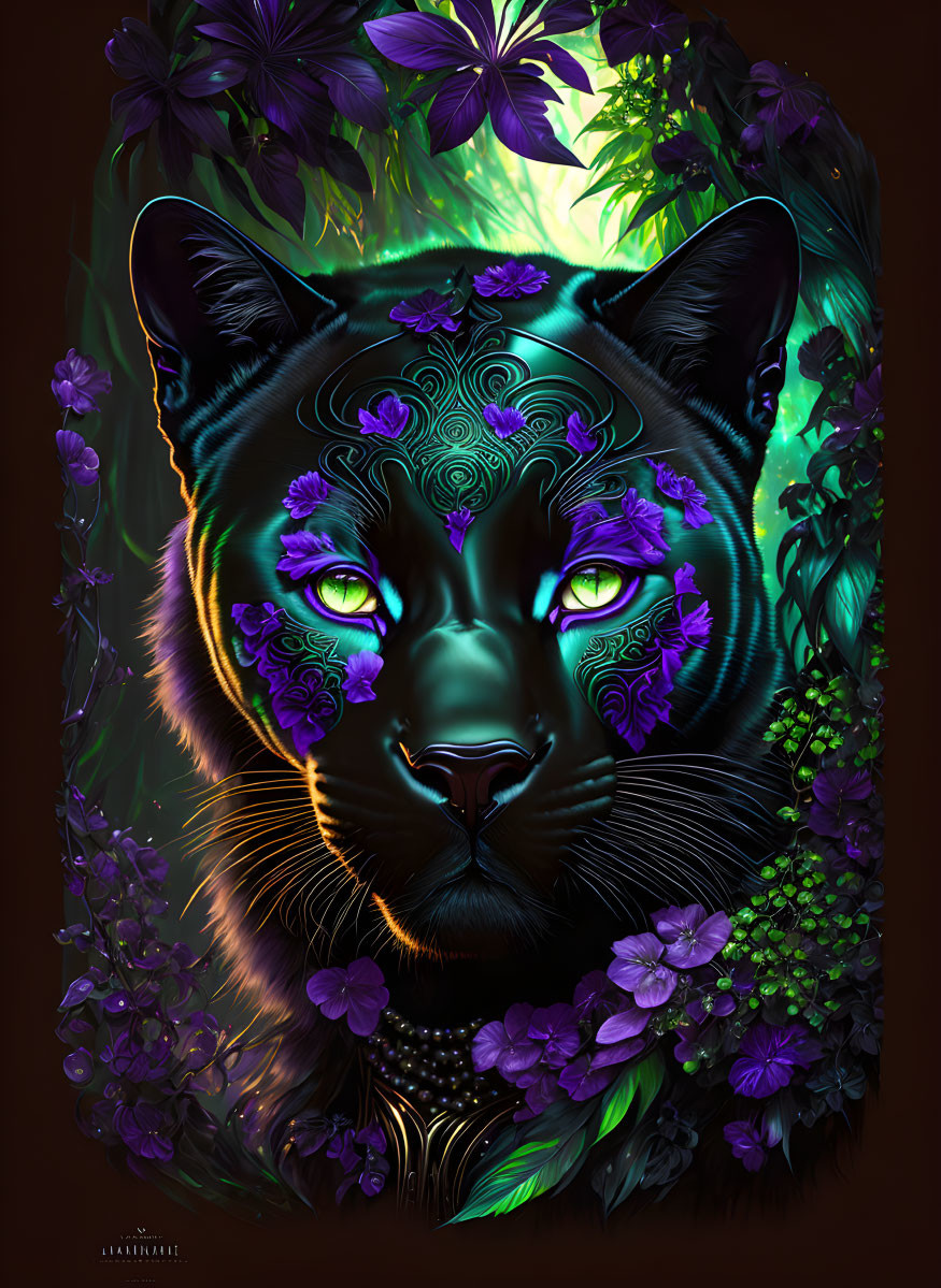 Digital Art: Black Panther with Green Eyes and Tribal Patterns