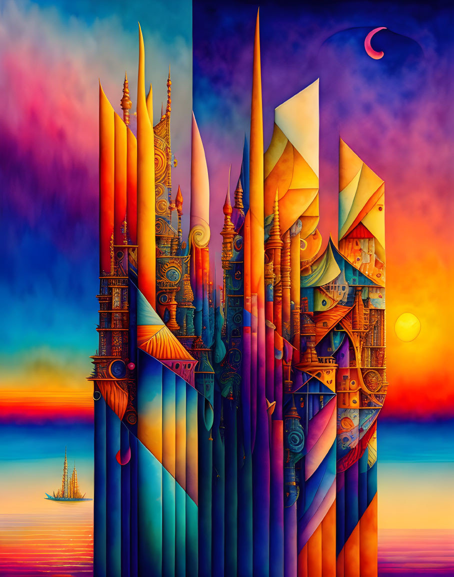 Colorful Digital Artwork: Fantastical Castle & Celestial Skies