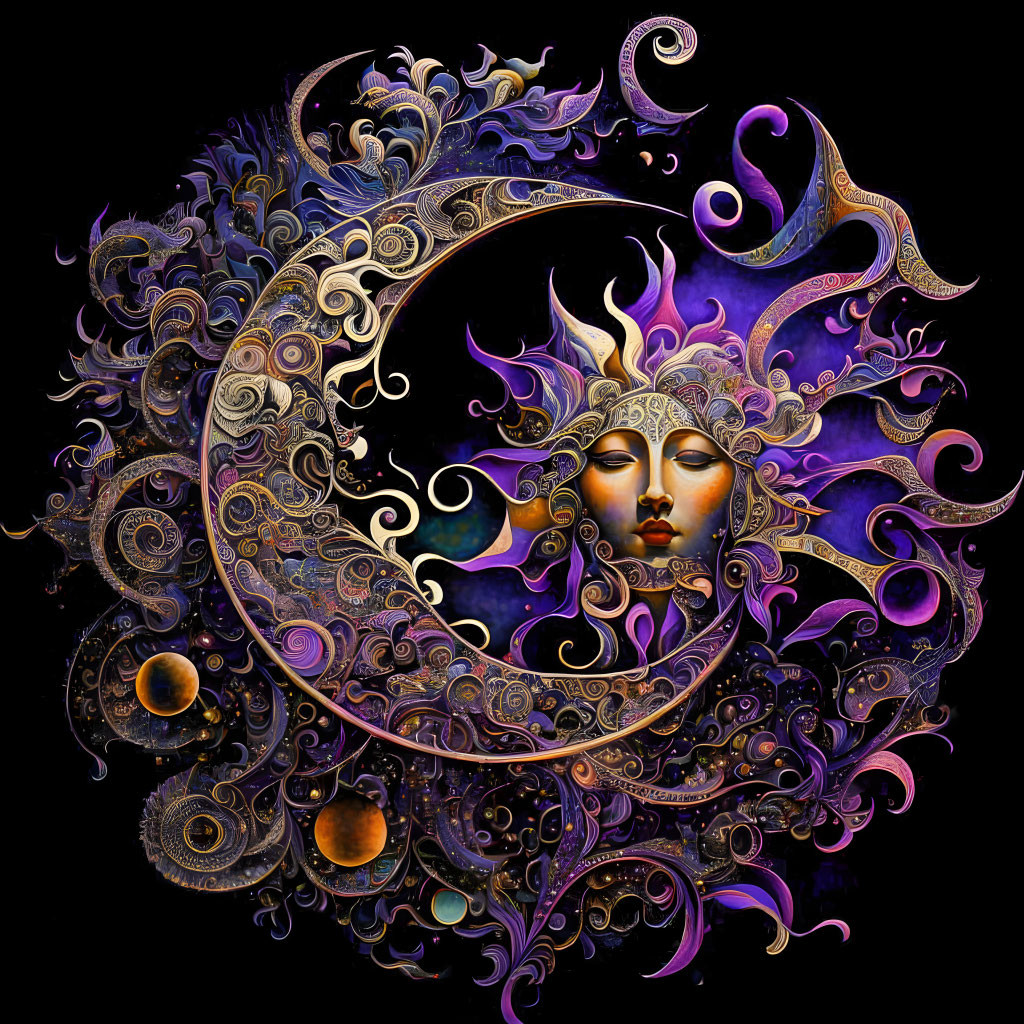 Celestial-themed illustration of crescent moon with serene female face