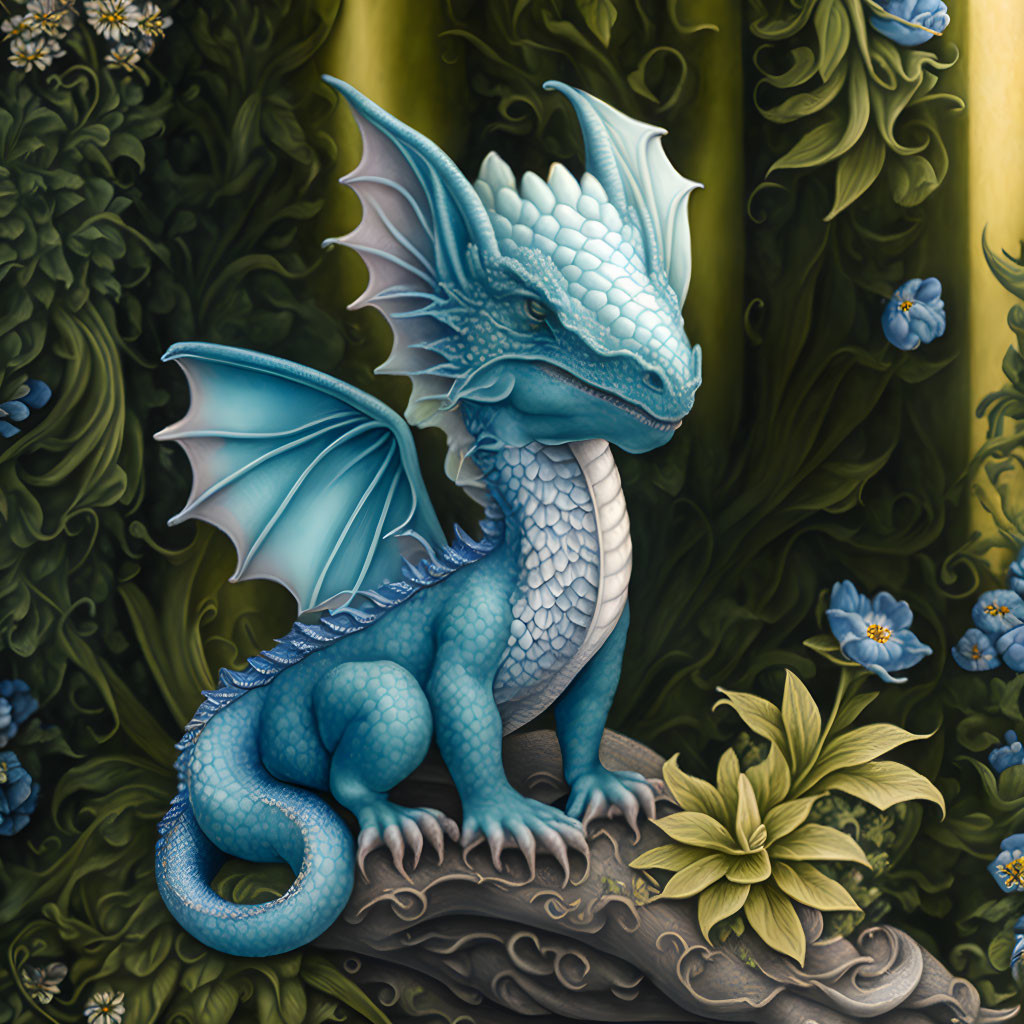 Detailed Illustration of Blue Dragon Among Greenery and Flowers