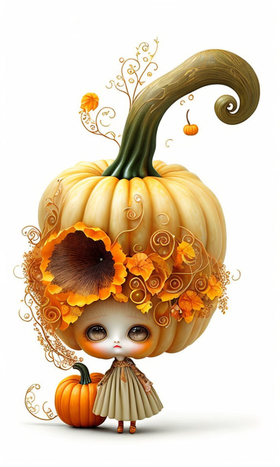 Illustrated character with large pumpkin head and floral details on white background.