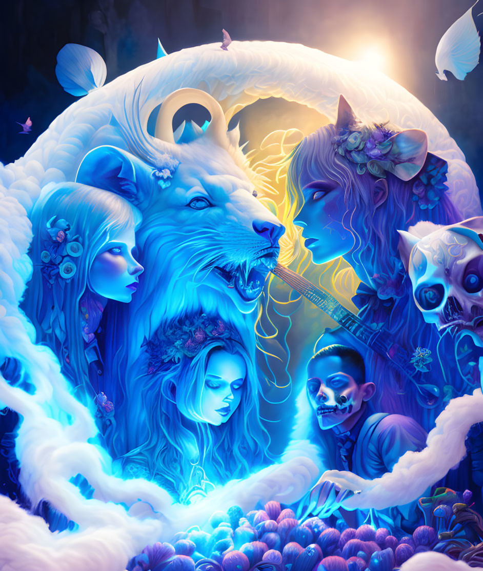 Fantastical Artwork: Ethereal Beings with Majestic Lion among Otherworldly Flora