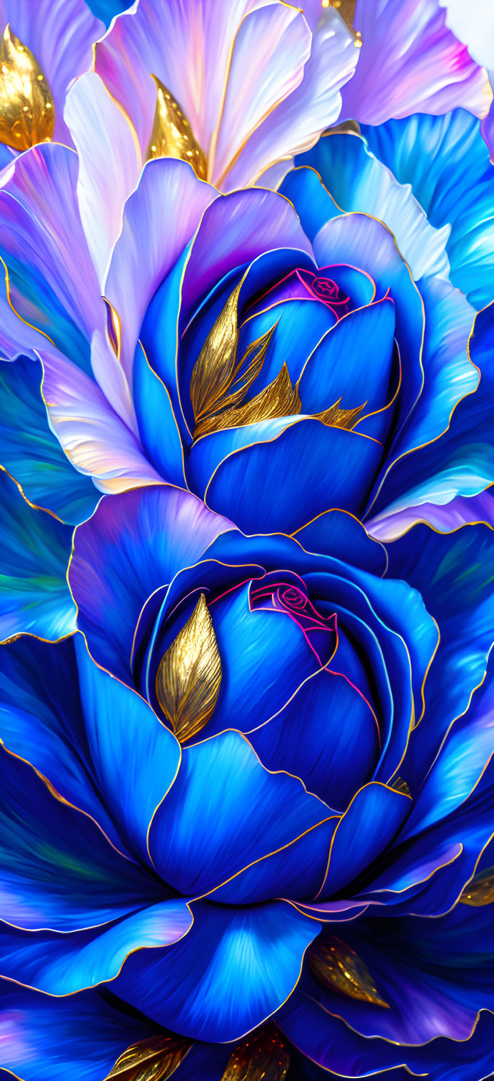 Detailed Digital Art: Blue Roses with Gold Edged Petals on White Background