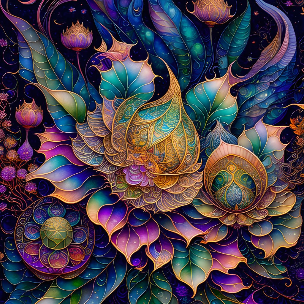 Colorful digital artwork with peacock motifs and intricate patterns