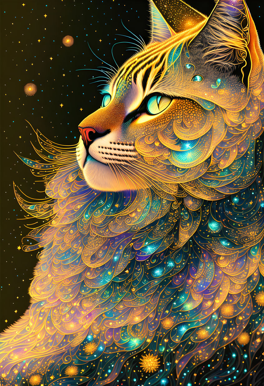 Detailed cat illustration with golden patterns and cosmic elements on dark backdrop