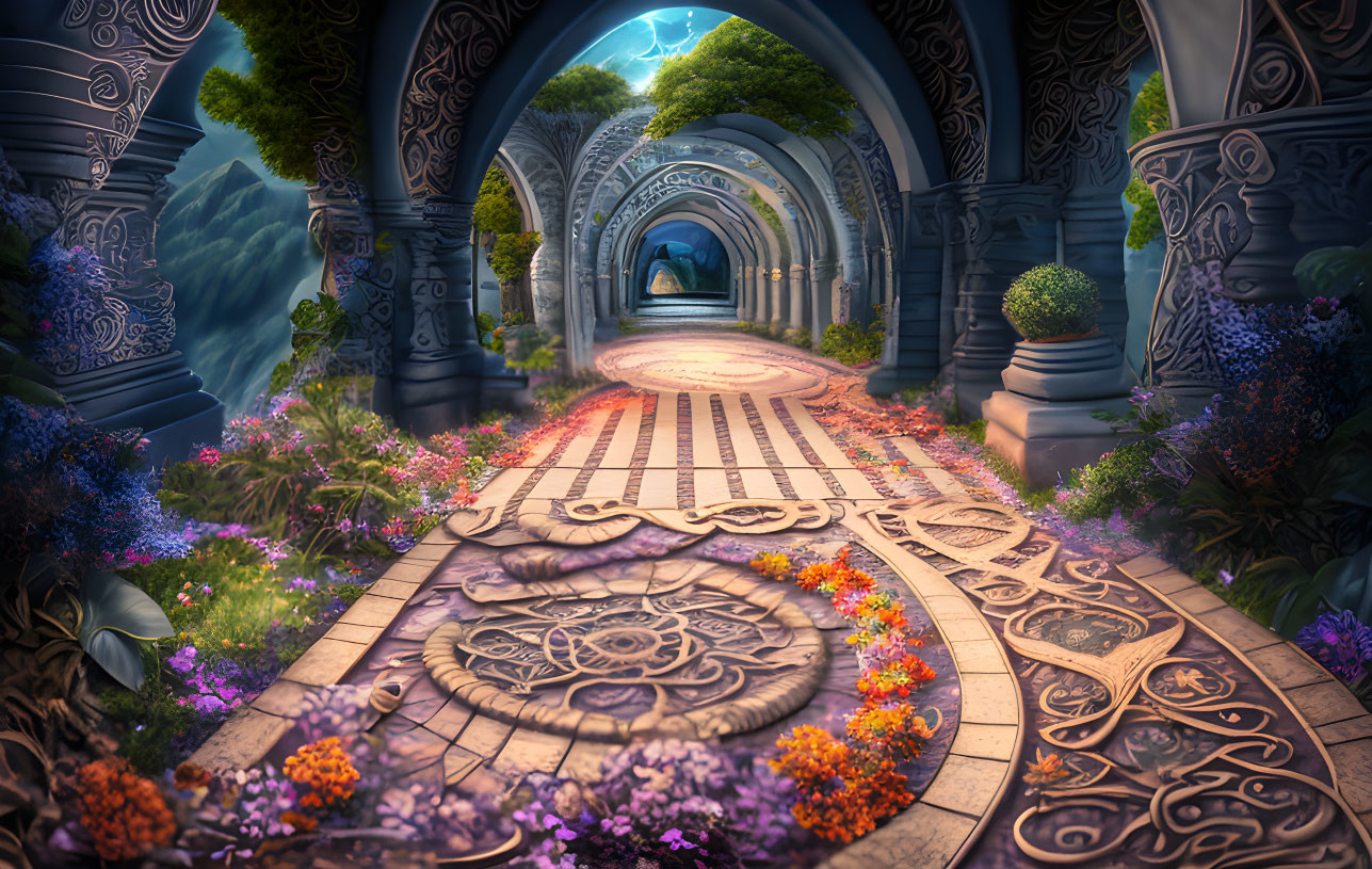 Fantastical pathway with intricate designs and flowering plants under twilight sky