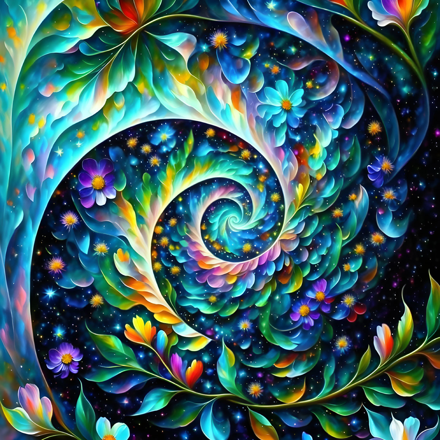 Colorful cosmic swirl with floral motifs and stars in blue, green, and purple hues.