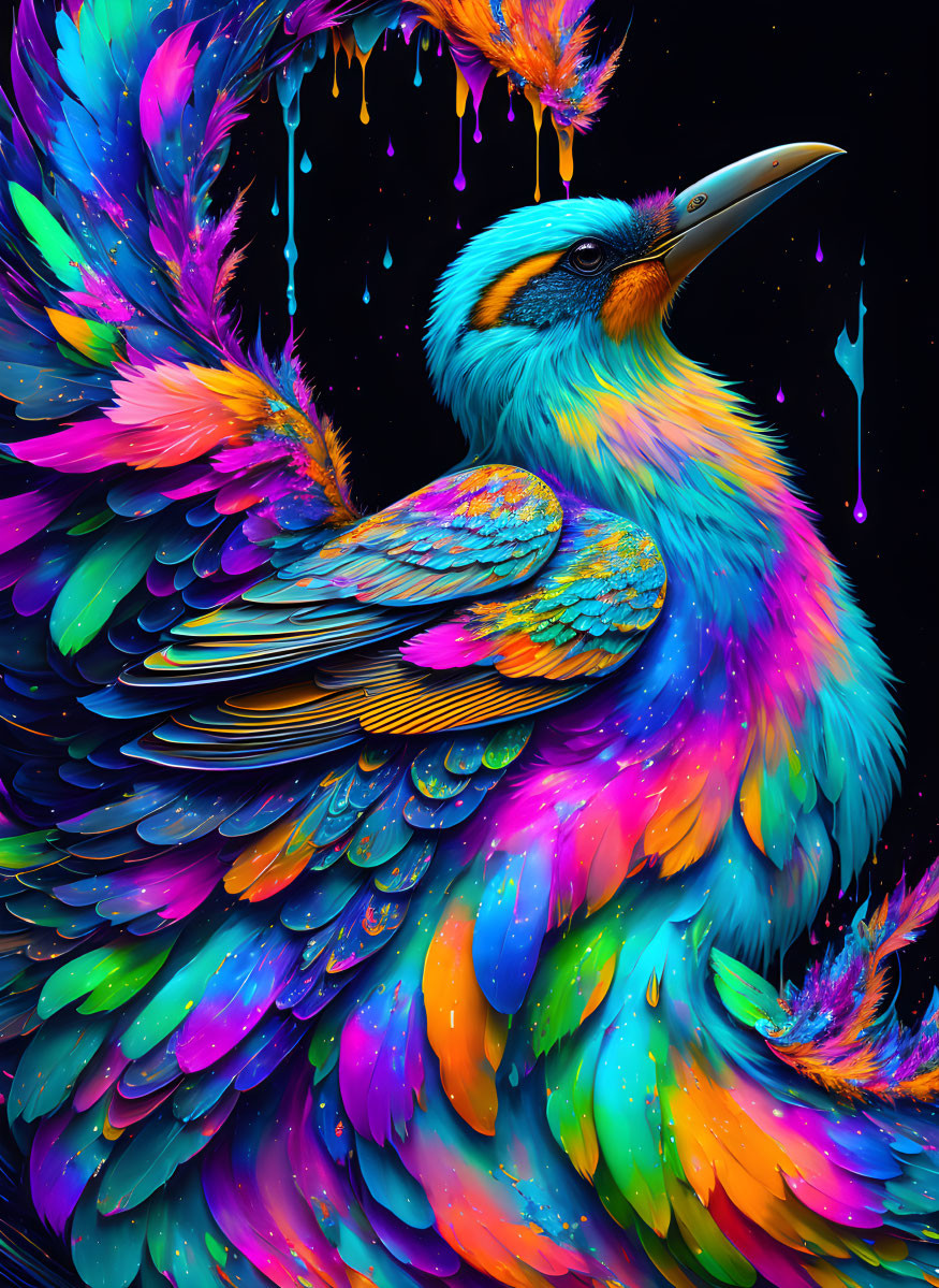 Colorful digital artwork featuring a vibrant bird with paint drips in blue, green, purple, and