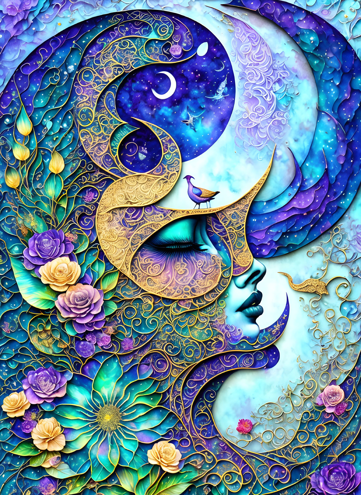 Colorful Celestial Artwork with Moon, Stars, Human Profile, Flowers, and Bird