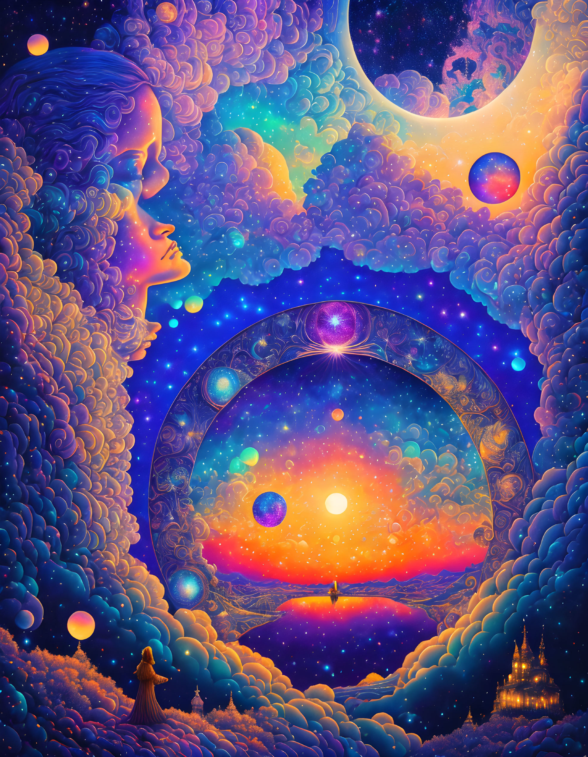 Colorful Psychedelic Woman Profile Merging with Cosmic Landscape