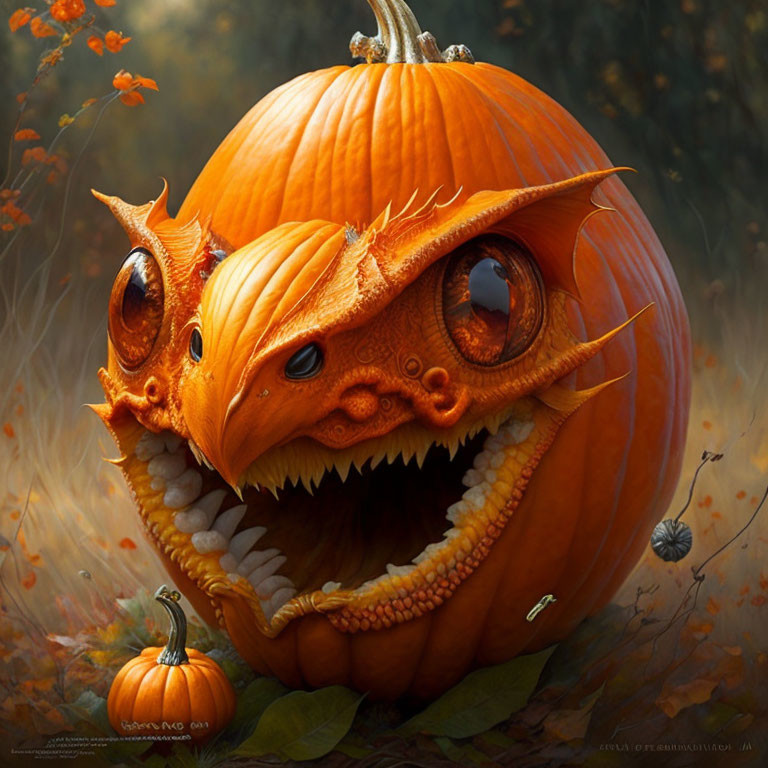 Orange Pumpkin Transformed into Dragon with Sharp Teeth in Autumn Setting