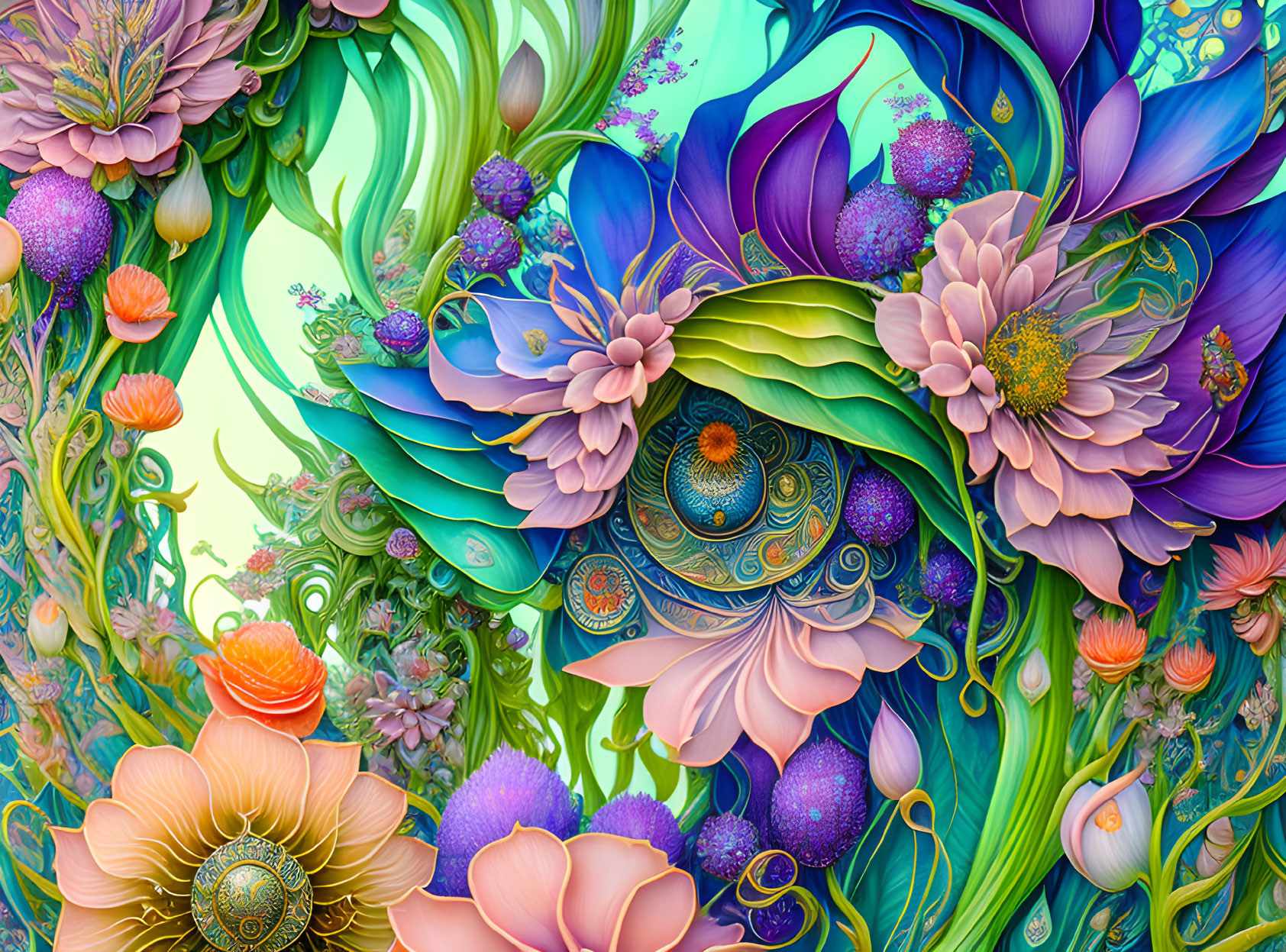 Colorful Floral Fantasy Illustration with Purple, Blue, and Orange Blossoms