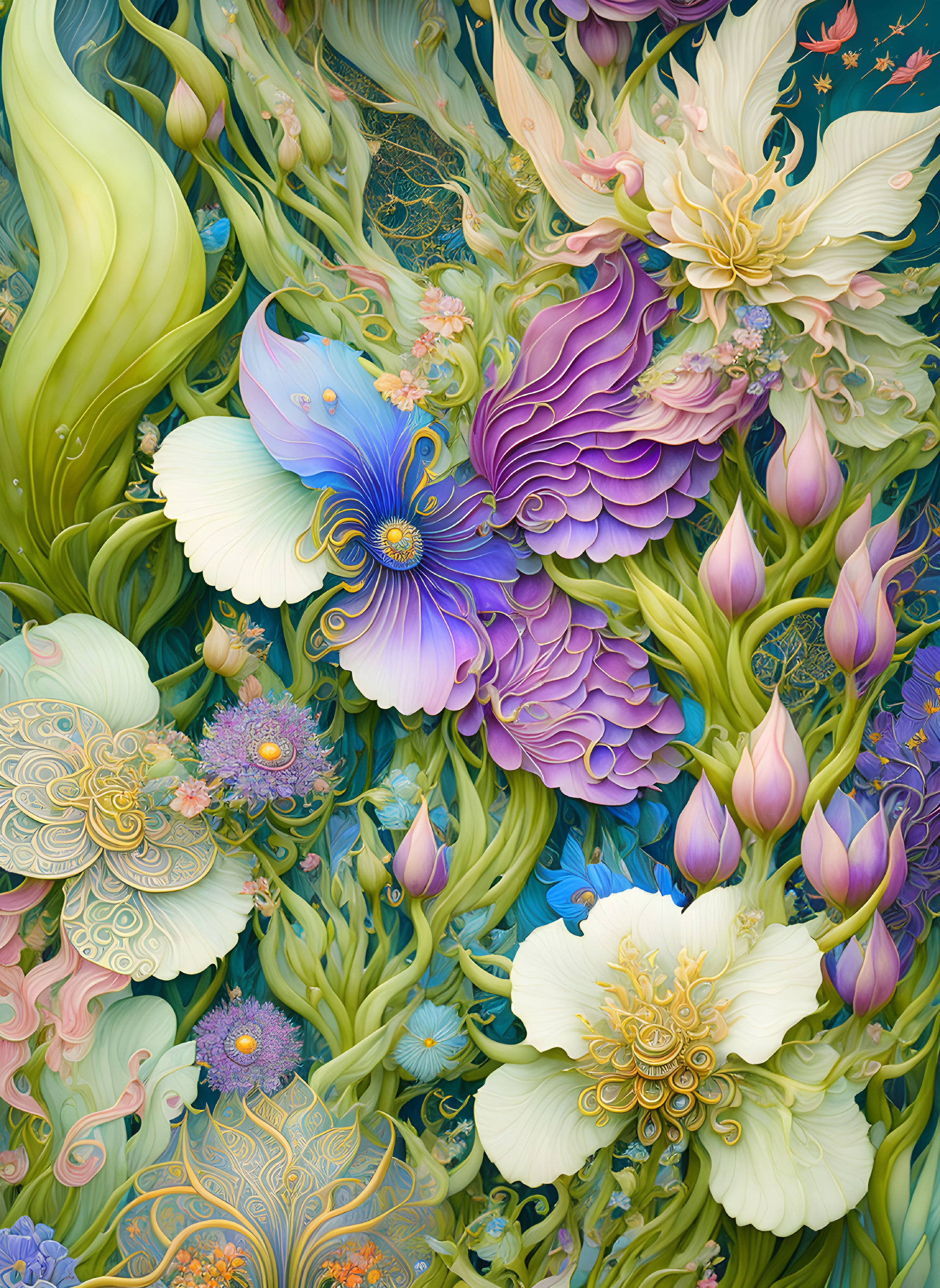 Detailed digital artwork: vibrant fantasy flowers & plants in blue, purple, green