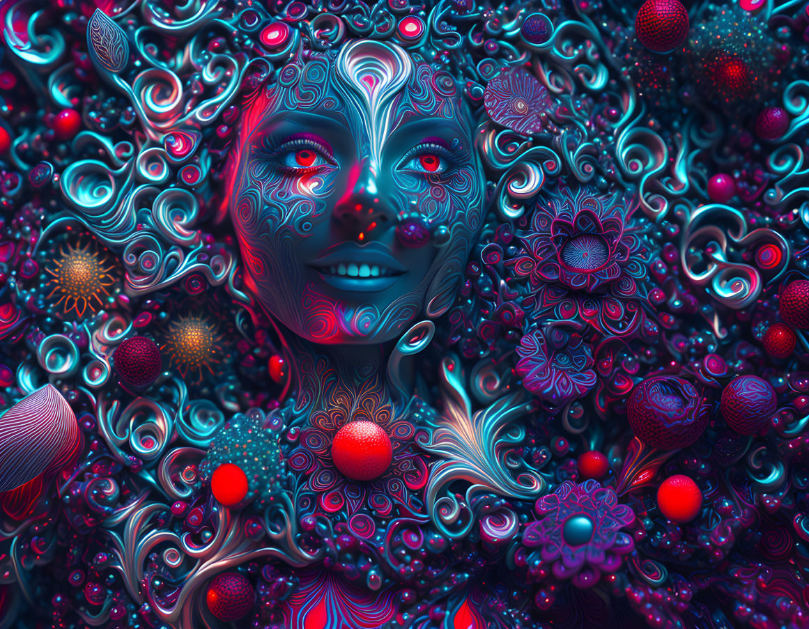 Surreal female face with glowing orbs on psychedelic backdrop