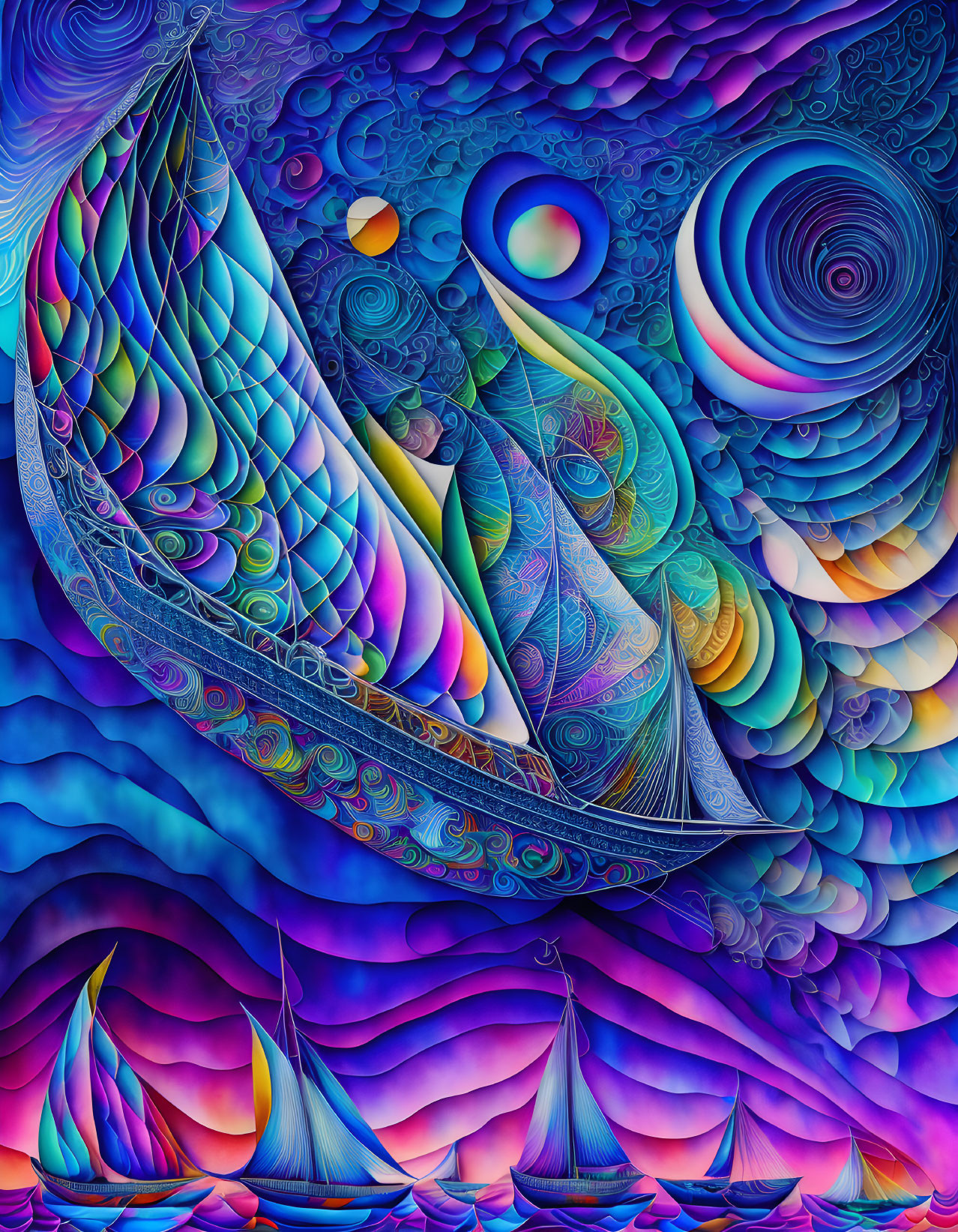 Colorful digital artwork of stylized sailing ships on a psychedelic sea