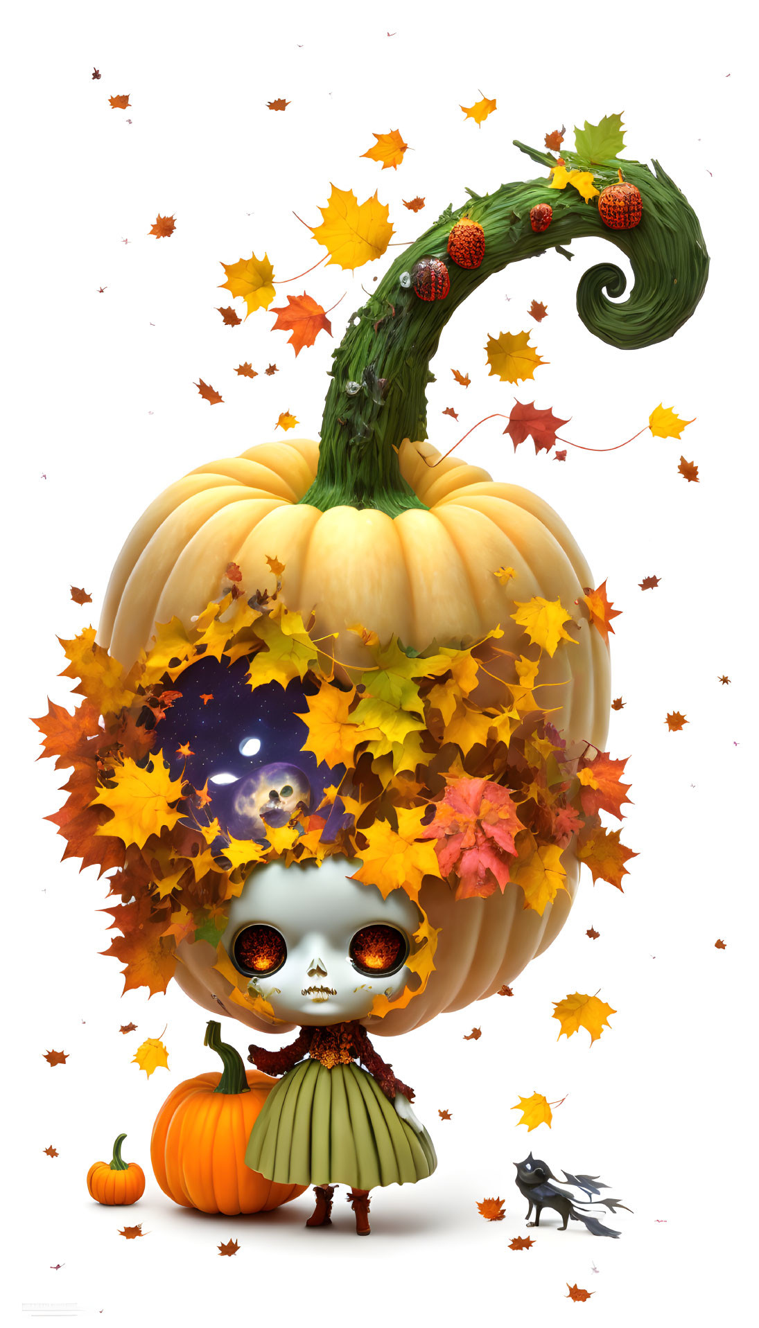 Skeleton figure with pumpkin head and autumn decor.