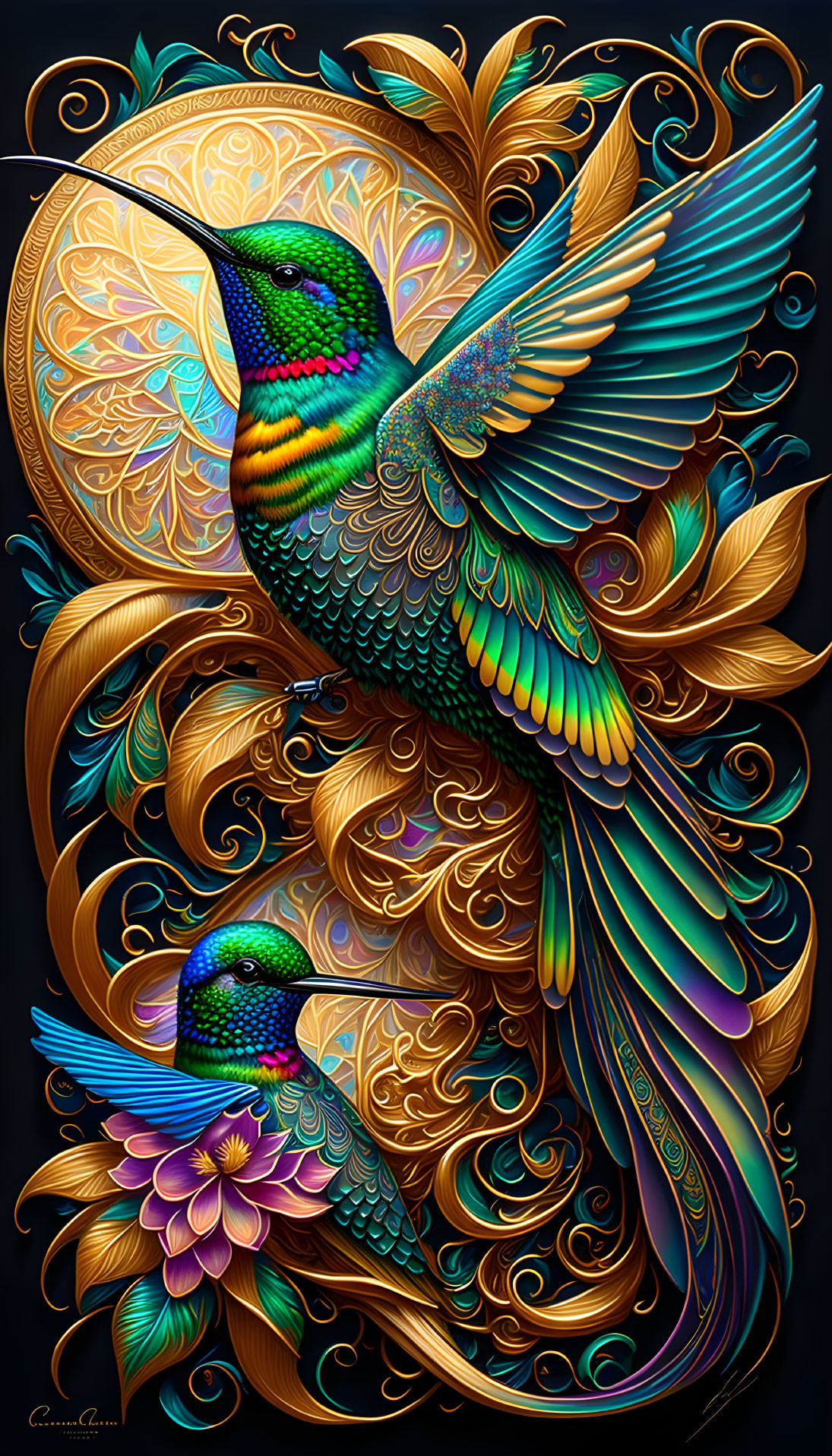 Colorful Stylized Hummingbirds with Elaborate Feathers on Dark Background