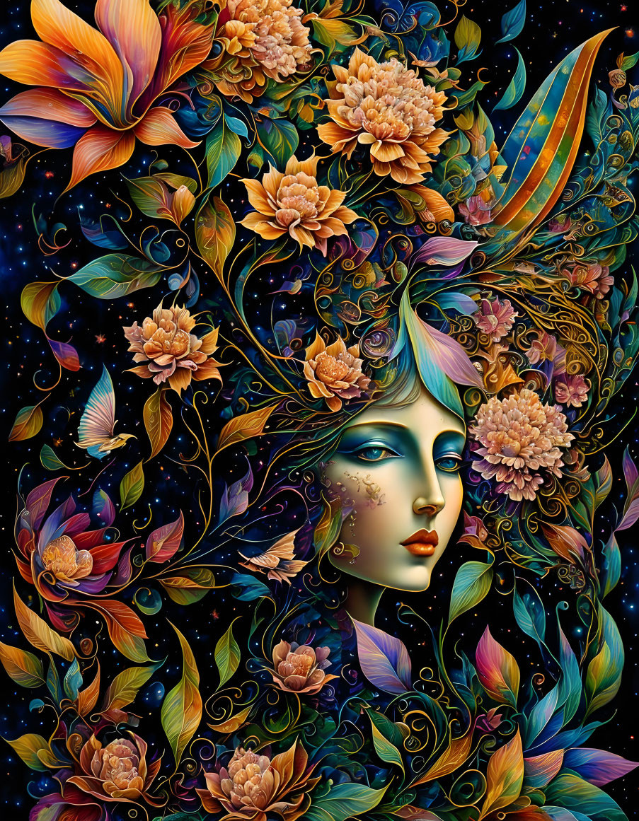 Colorful artwork: Woman's face surrounded by flowers and patterns