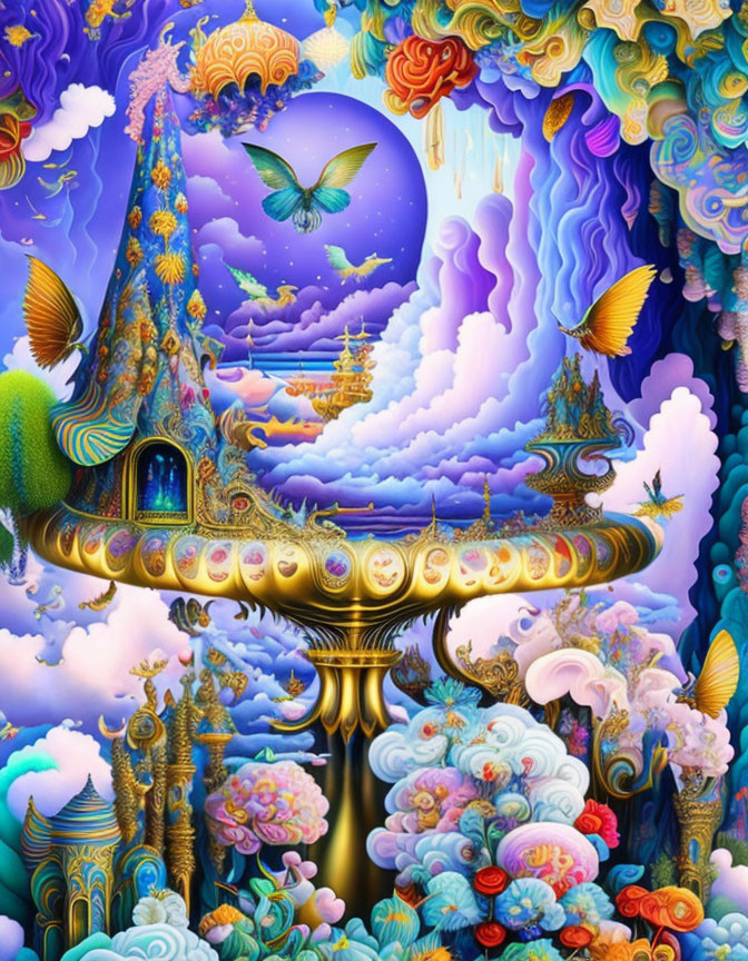 Fantasy Landscape with Golden Platform and Whimsical Towers