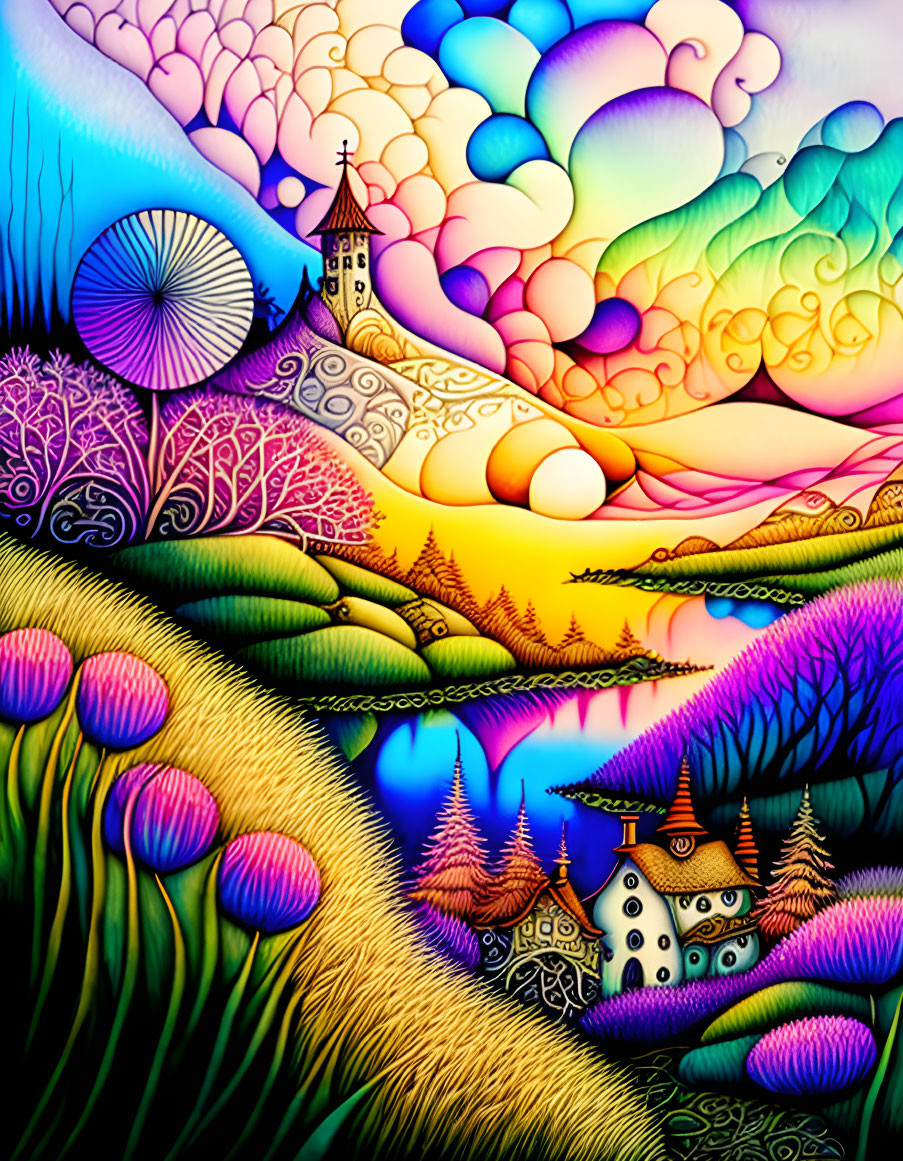 Colorful Psychedelic Landscape with Castle, Trees, and River